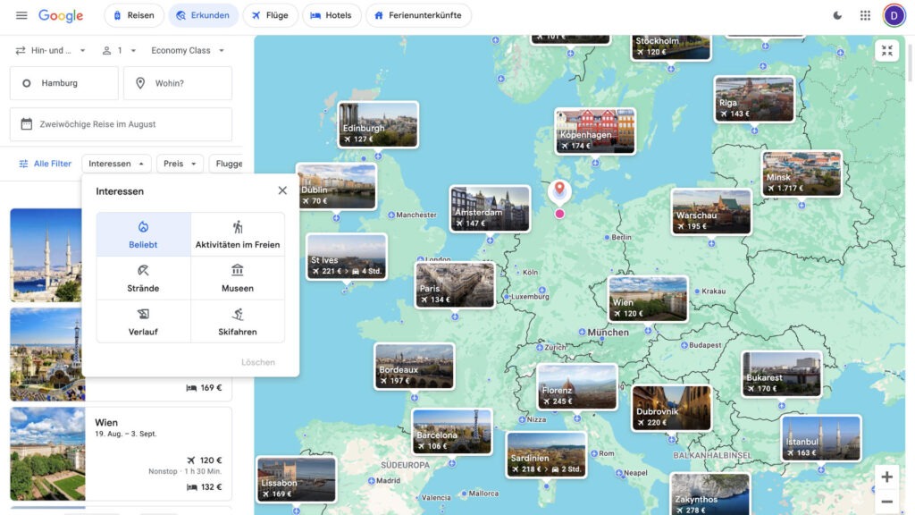 Google Flüge filtern nach Interessen
